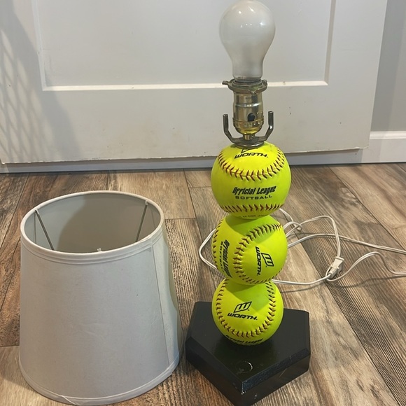 Handmade Softball Lamp Real Softballs Wooden Base White Shade Tested Works - Picture 5 of 5